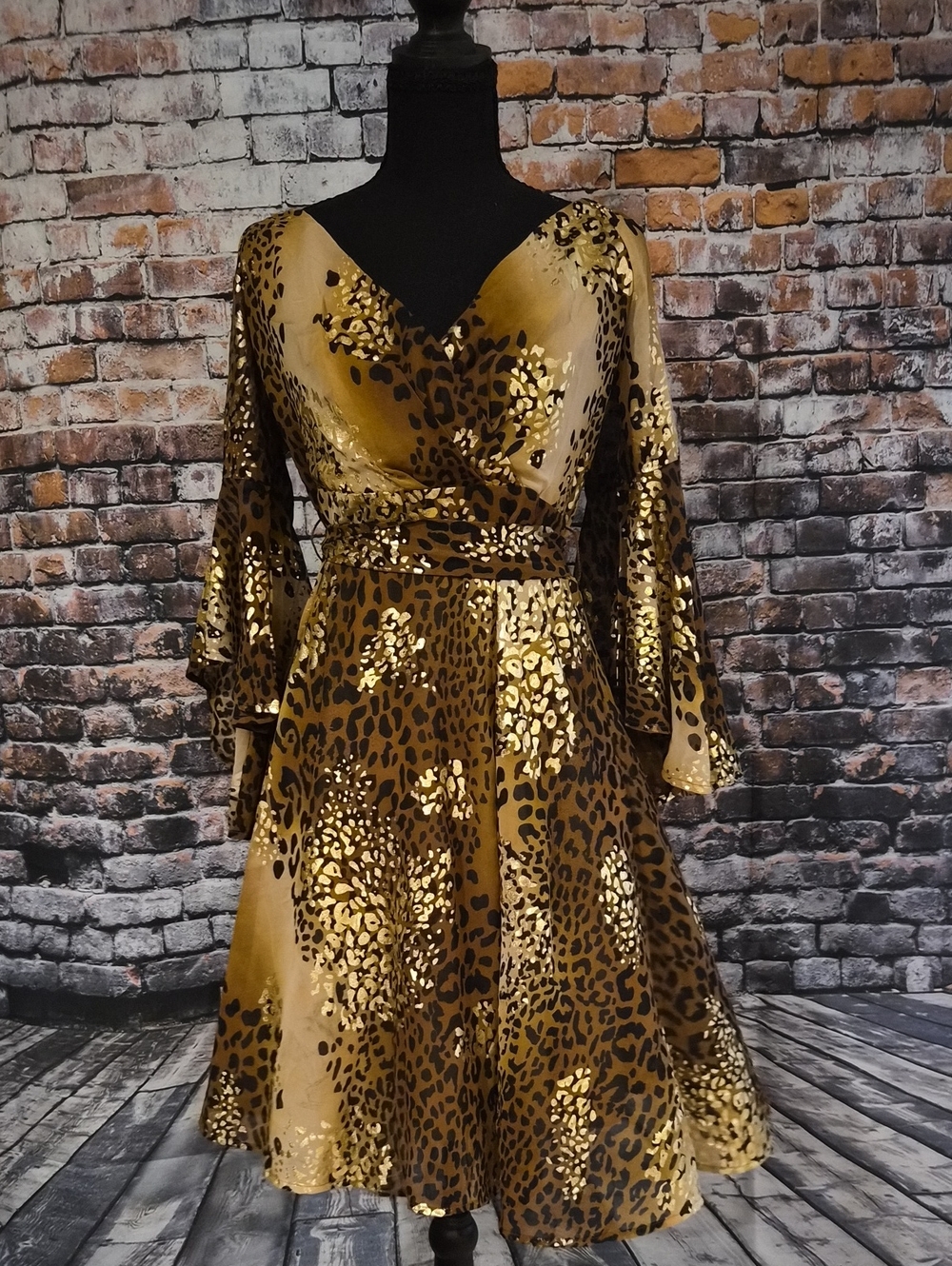 VENUS Gold and Black Leopard Print Long Sleeve Wrap Dress